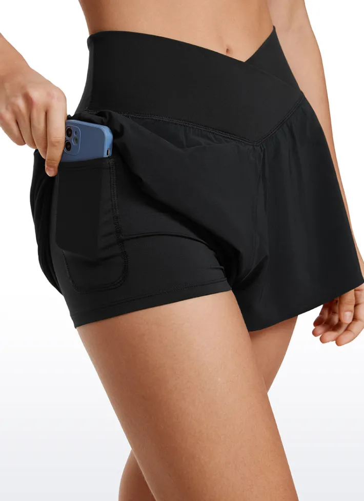 Fashion CRZ YOGA Feathery-Fit Soft 2 in 1 Flowy High Waisted Shorts - V Cross Waist