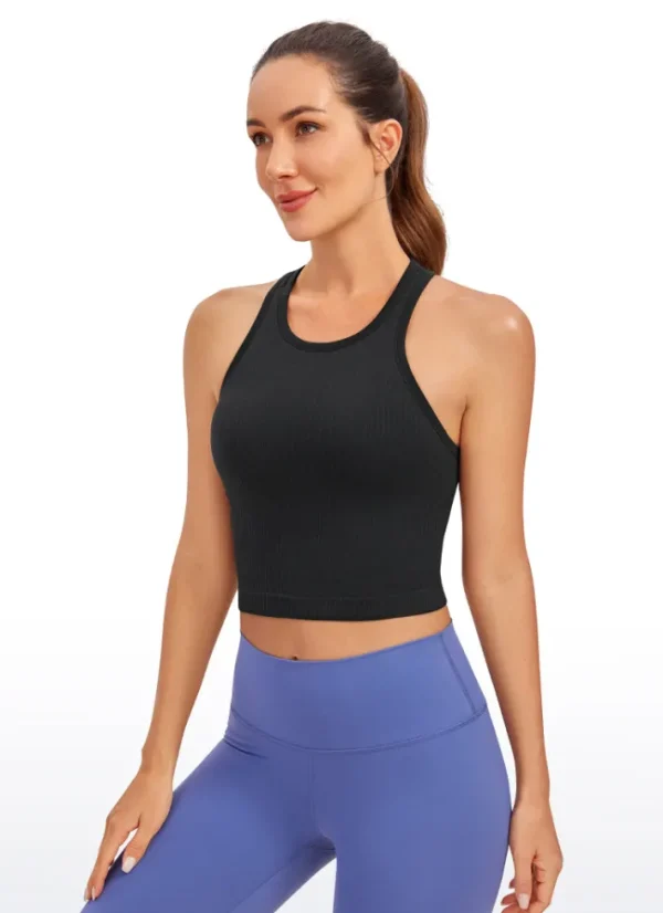 Best CRZ YOGA Seamless Ribbed Longline High Neck Crop Tank Racerback