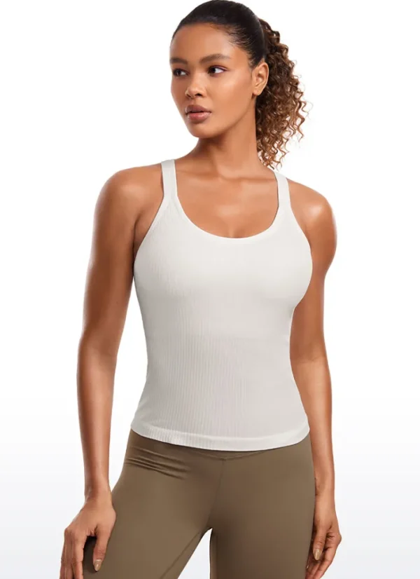 Best CRZ YOGA Seamless Ribbed Waist Length Racerback Built in Bra Tanks